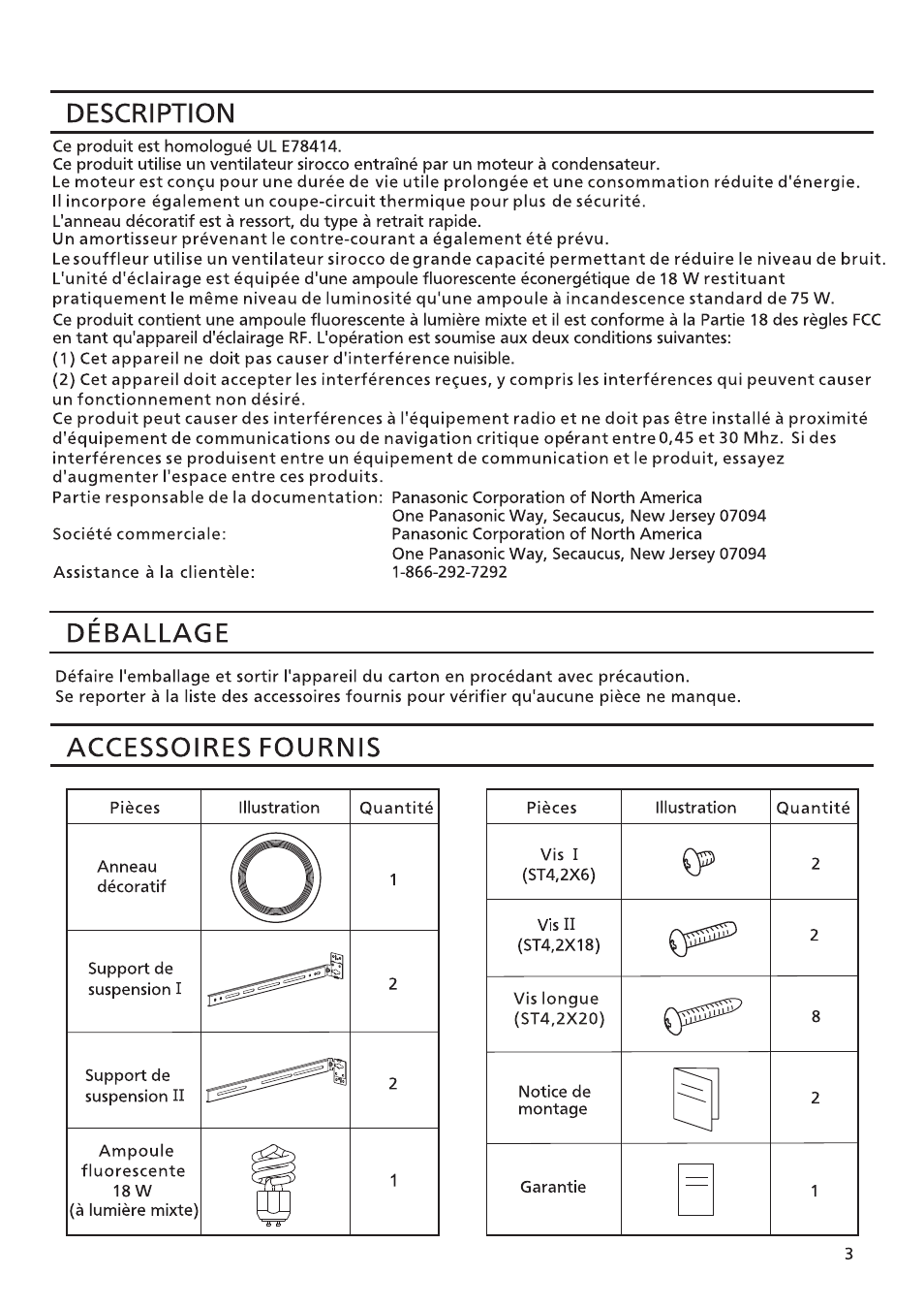 Description, Deballage, Accessoires fournis | Panasonic FV-08VRL1 Manuel d'utilisation | Page 3 / 8