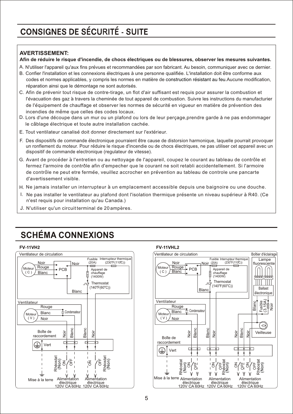 Т³гж 5, Schema connexions, Avertissement | Panasonic FV-11VH2 Manuel d'utilisation | Page 5 / 12