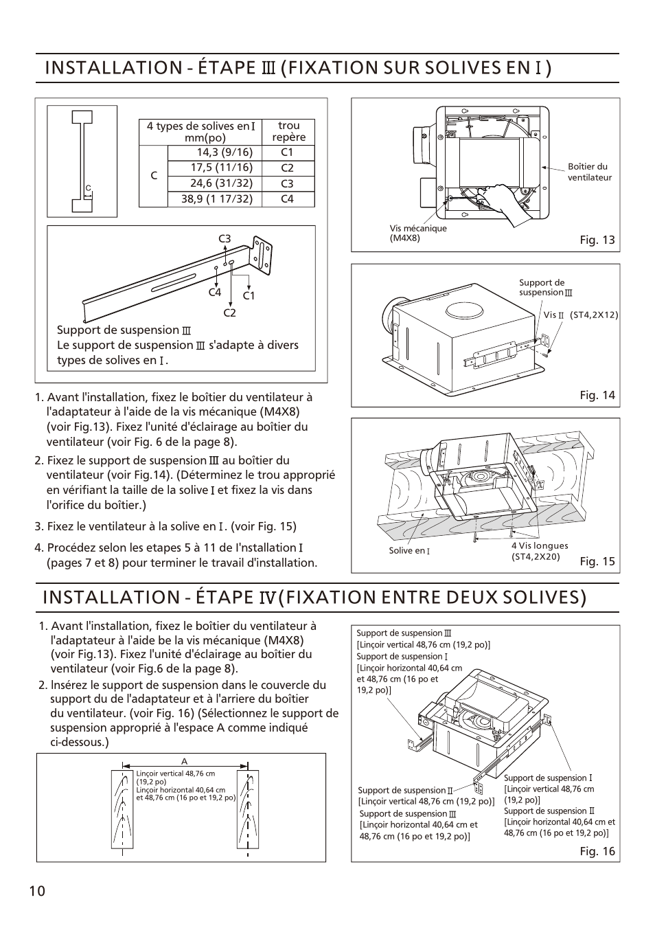 页 10, Installation - étape (fixation sur solives en ), Installation - étape (fixation entre deux solives) | Panasonic FV-08VFL3 Manuel d'utilisation | Page 10 / 16