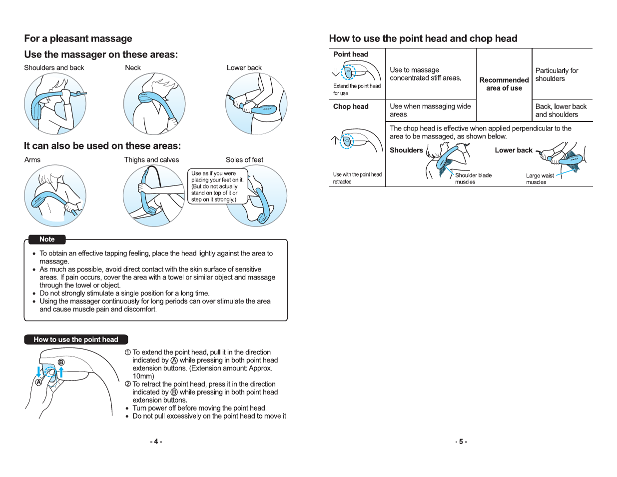 For a pleasant massage, Use the massager on these areas, It can also be used on these areas | How to use the point head and chop head | Panasonic EV2610K Manuel d'utilisation | Page 3 / 12