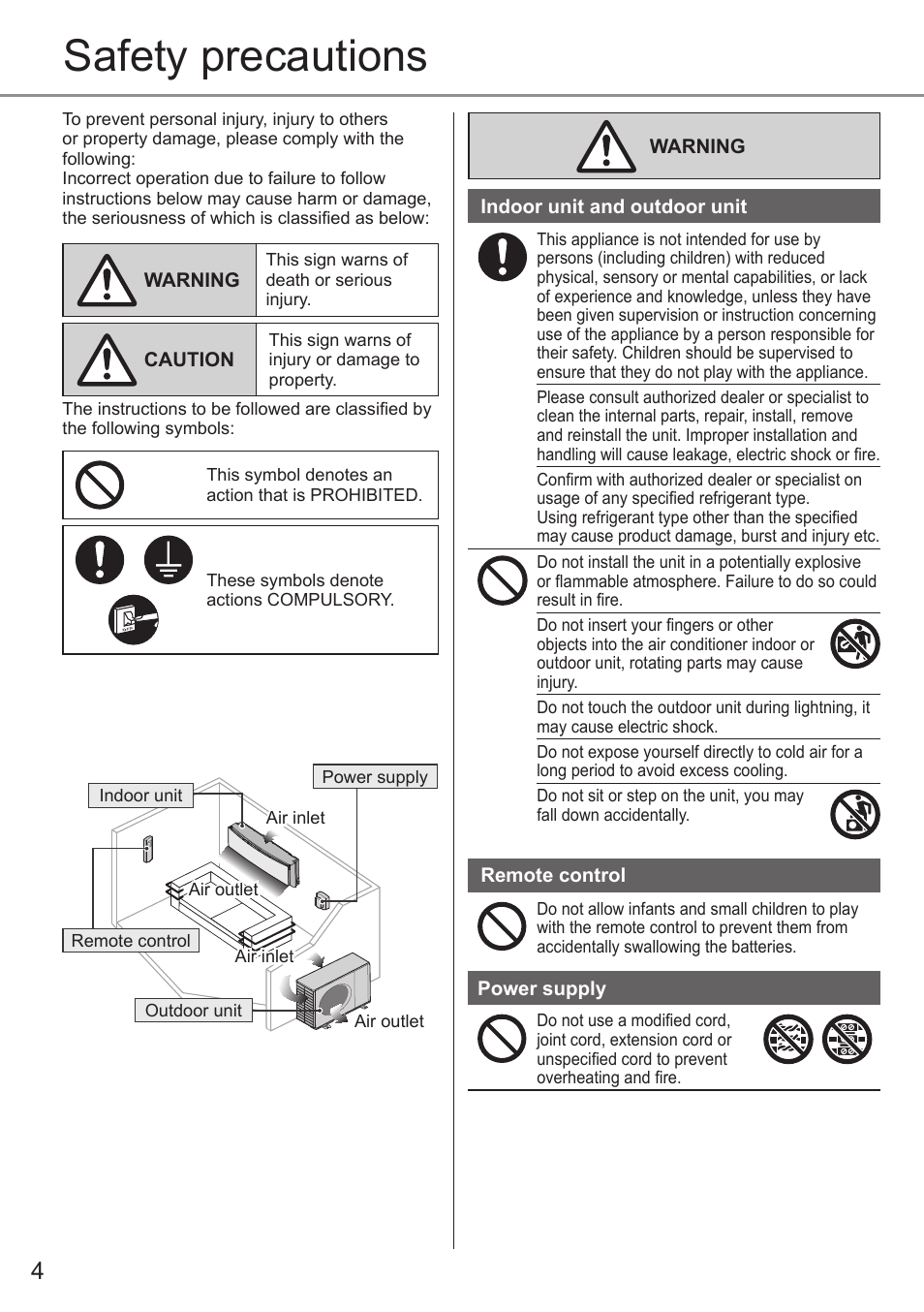 Safety precautions | Panasonic CS-XE12PKUA Manuel d'utilisation | Page 4 / 28