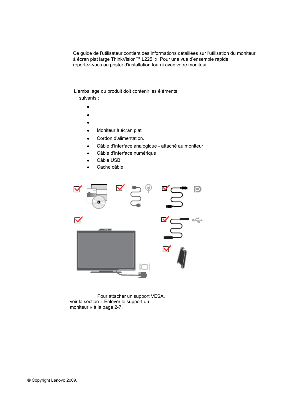 Chapitre 1. prise en main, Livraison contenu | Lenovo ThinkVision L2251x Wide 22in LCD Monitor Manuel d'utilisation | Page 6 / 38