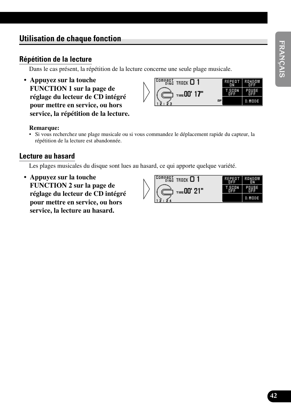 Utilisation de chaque fonction, Répétition de la lecture, Lecture au hasard | Pioneer RS-D7R Manuel d'utilisation | Page 43 / 91