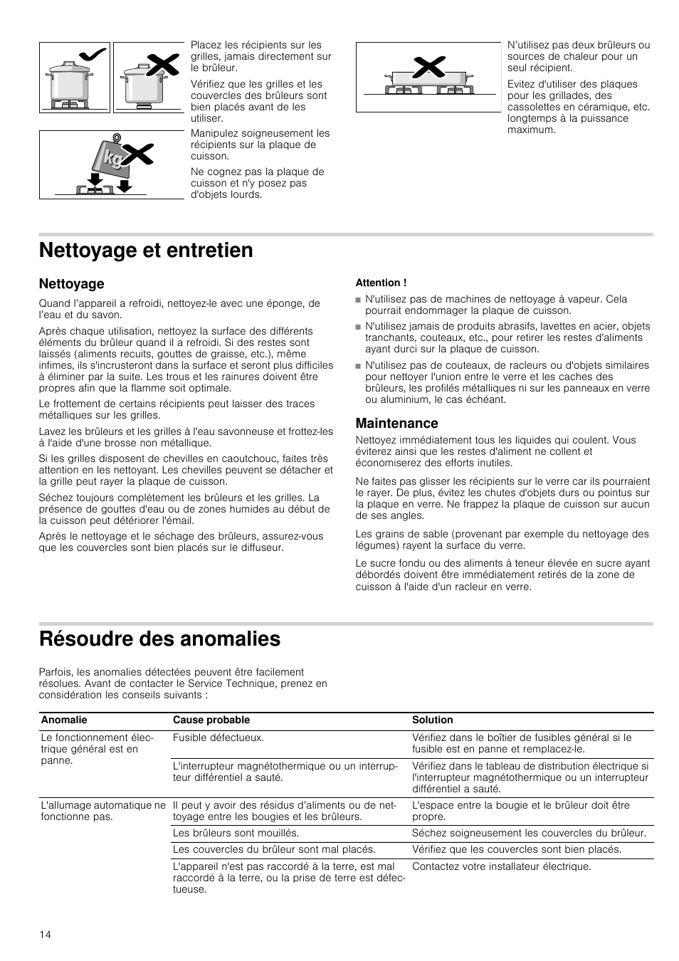 Nettoyage et entretien, Nettoyage, Attention | Maintenance, Résoudre des anomalies, Maintenance résoudre des anomalies | Neff T61S31S1 Manuel d'utilisation | Page 14 / 16