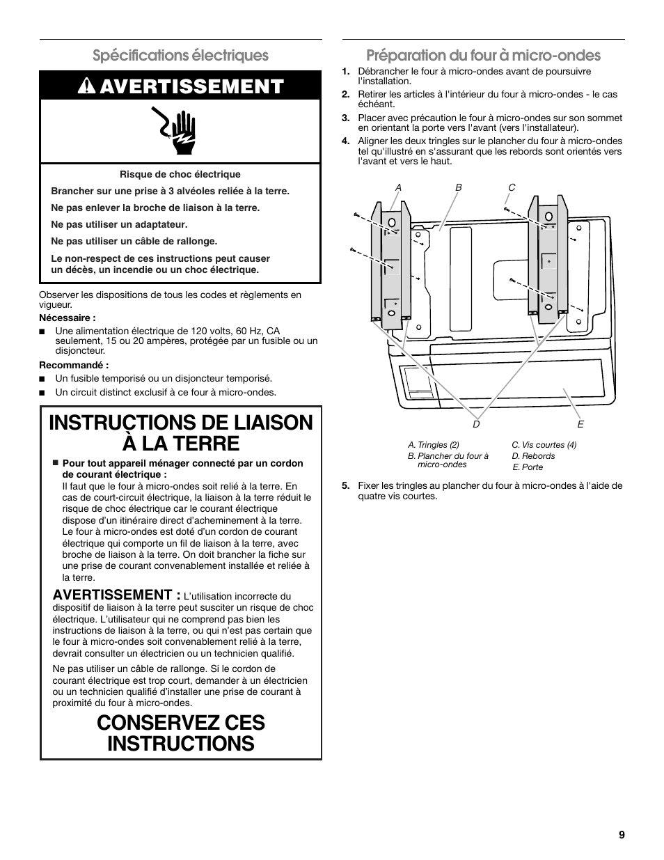 Avertissement, Spécifications électriques, Préparation du four à micro-ondes | Whirlpool MK2160AB Manuel d'utilisation | Page 9 / 12