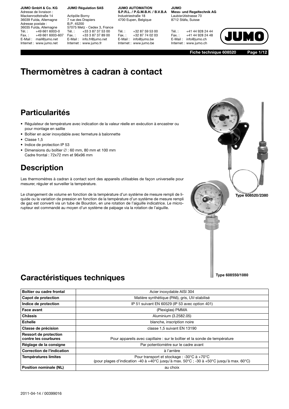 JUMO 60.8520 Contact dial thermometer Data Sheet Manuel d'utilisation | Pages: 12
