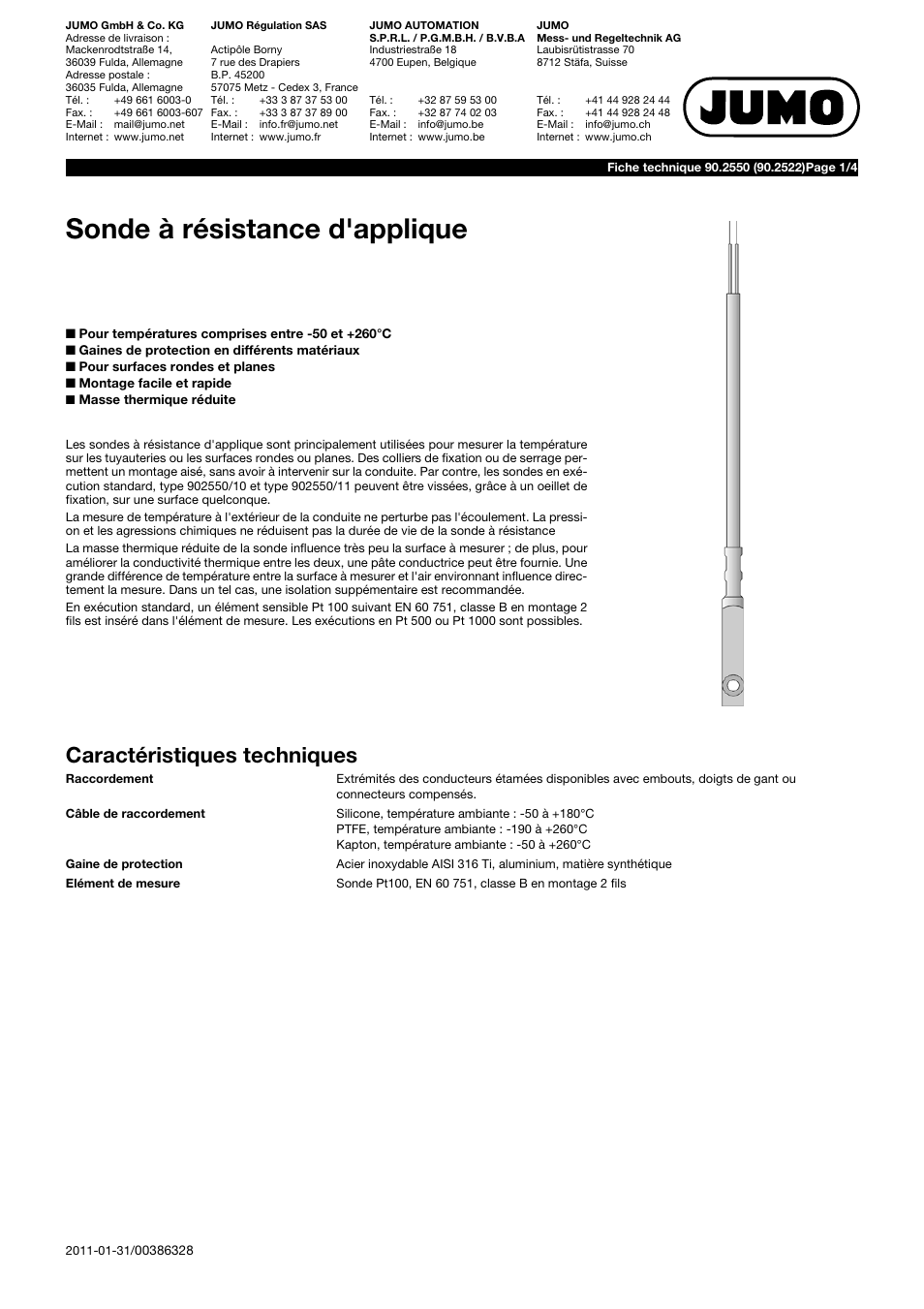 JUMO 902550 Surface RTD Temperature Probe with Connecting Cable Data Sheet Manuel d'utilisation | Pages: 4