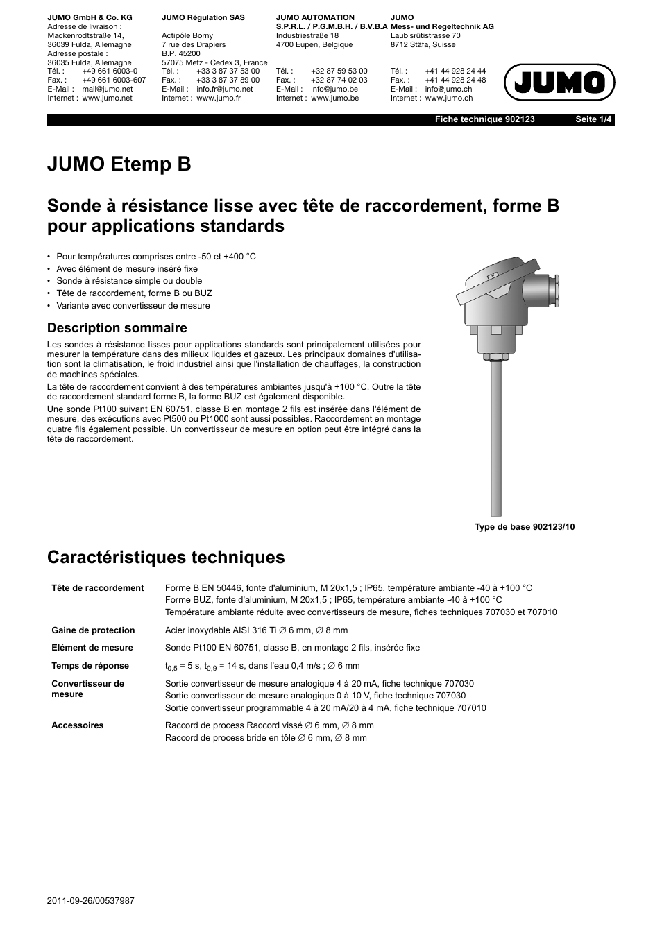 JUMO 902123 Etemp B Push-In RTD Temperature Probe with Terminal Head Form B for Standard Applications Data Sheet Manuel d'utilisation | Pages: 4
