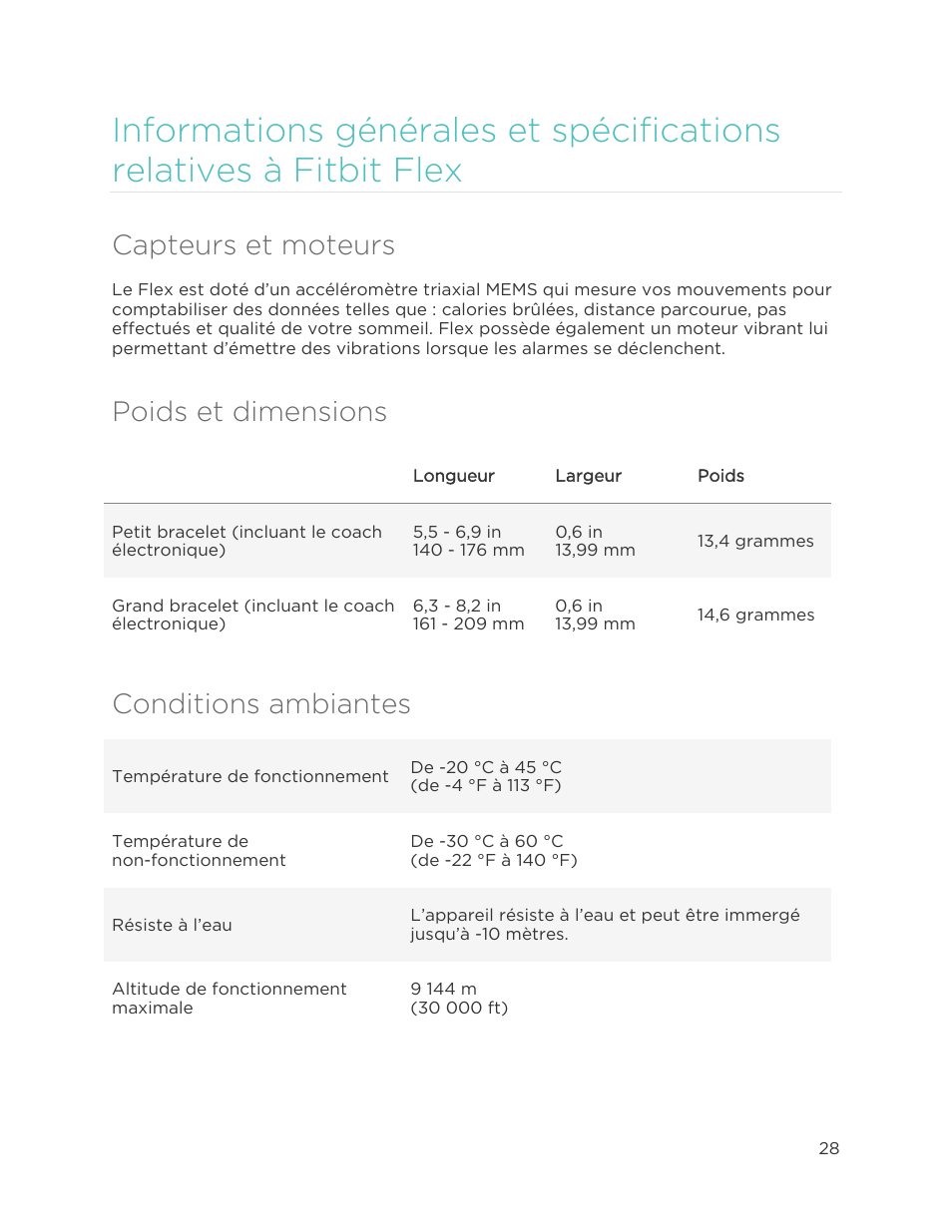 Capteurs et moteurs, Poids et dimensions, Conditions ambiantes | Fitbit Flex Manuel d'utilisation | Page 33 / 40