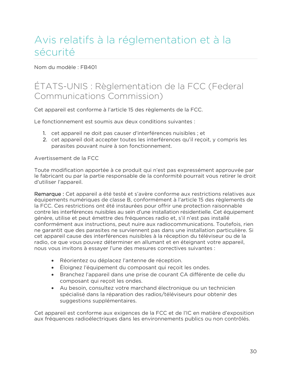 Avis relatifs à la réglementation et à la sécurité | Fitbit Flex Manuel d'utilisation | Page 35 / 40