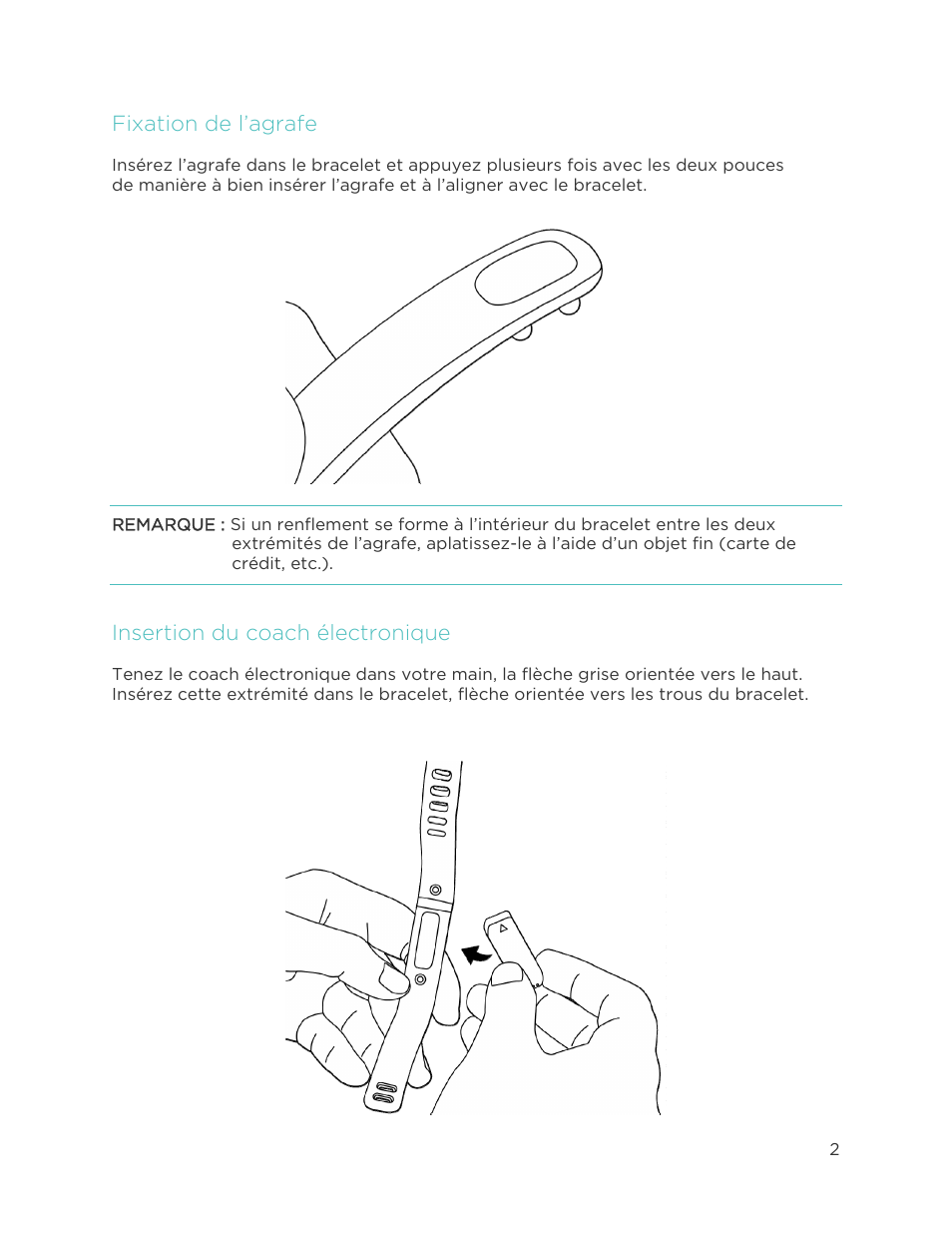 Fixation de l’agrafe, Insertion du coach électronique | Fitbit Flex Manuel d'utilisation | Page 7 / 40