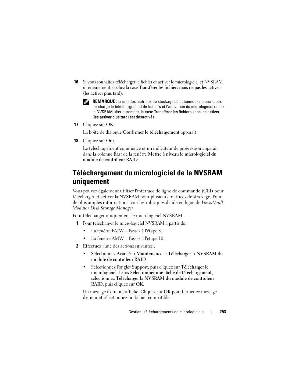 Téléchargement du micrologiciel de la nvsram, Uniquement | Dell POWERVAULT MD3600F Manuel d'utilisation | Page 253 / 344
