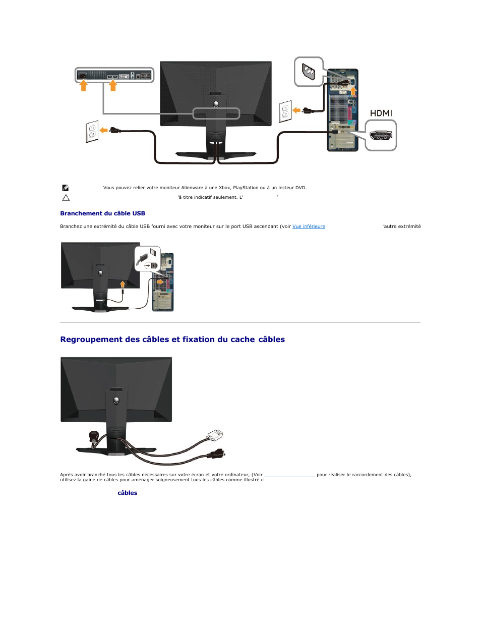 Regroupement des câbles et fixation du cache, Câbles | Dell AW2210 Monitor Manuel d'utilisation | Page 26 / 31