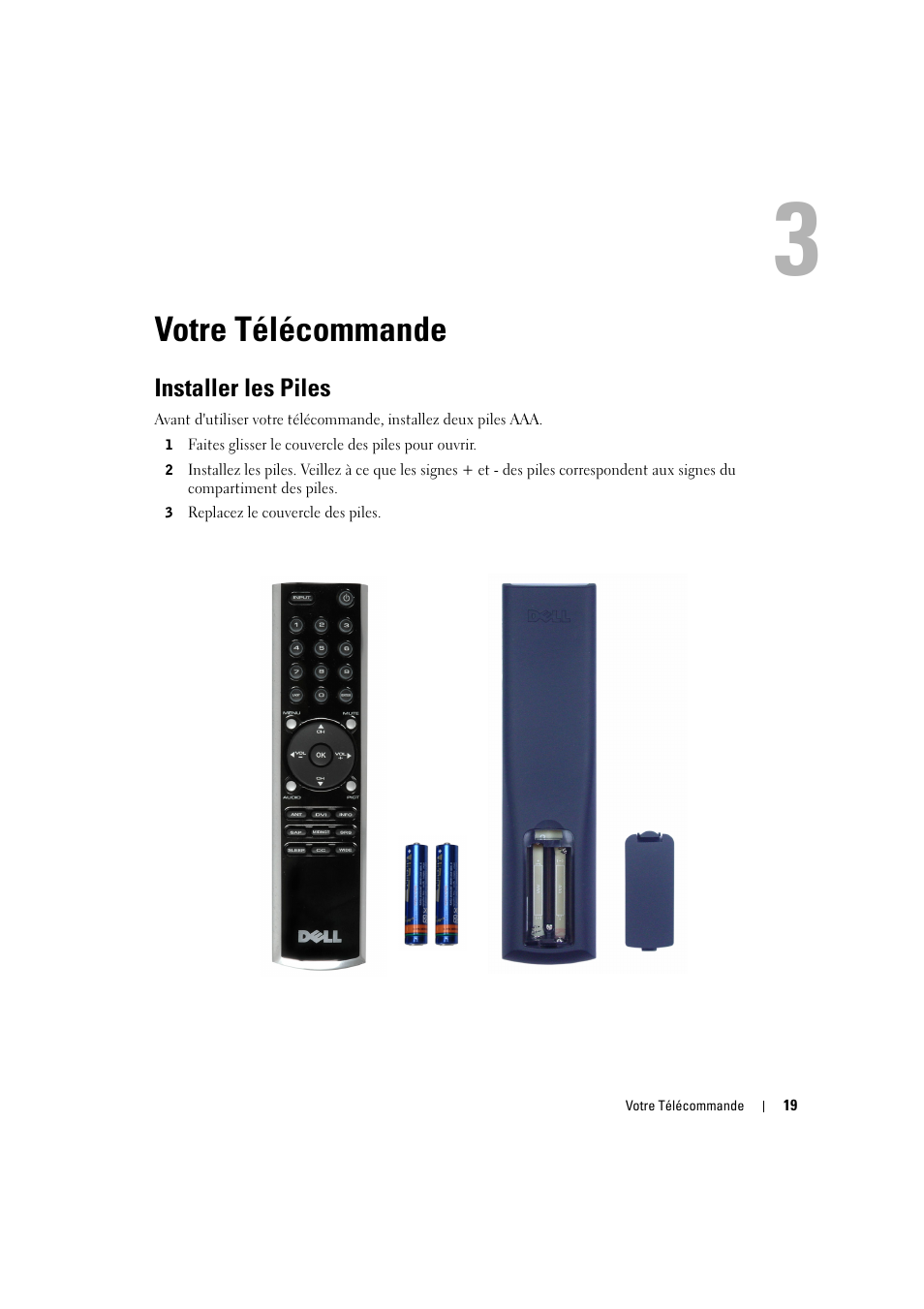 Votre télécommande, Installer les piles | Dell LCD TV W2606C Manuel d'utilisation | Page 19 / 60