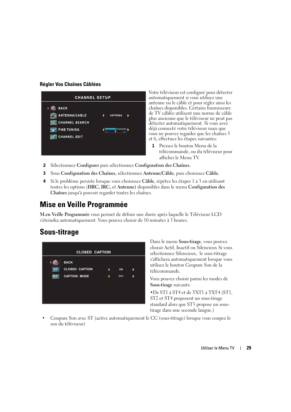 Mise en veille programmée, Sous-titrage | Dell LCD TV W2606C Manuel d'utilisation | Page 29 / 60