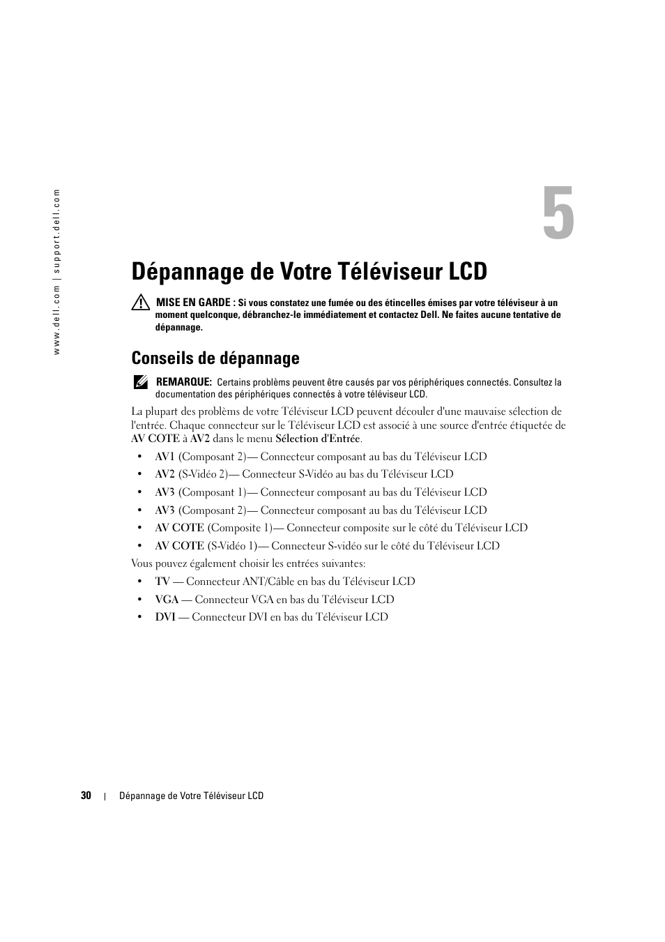 Dépannage de votre téléviseur lcd, Conseils de dépannage | Dell LCD TV W2606C Manuel d'utilisation | Page 30 / 60