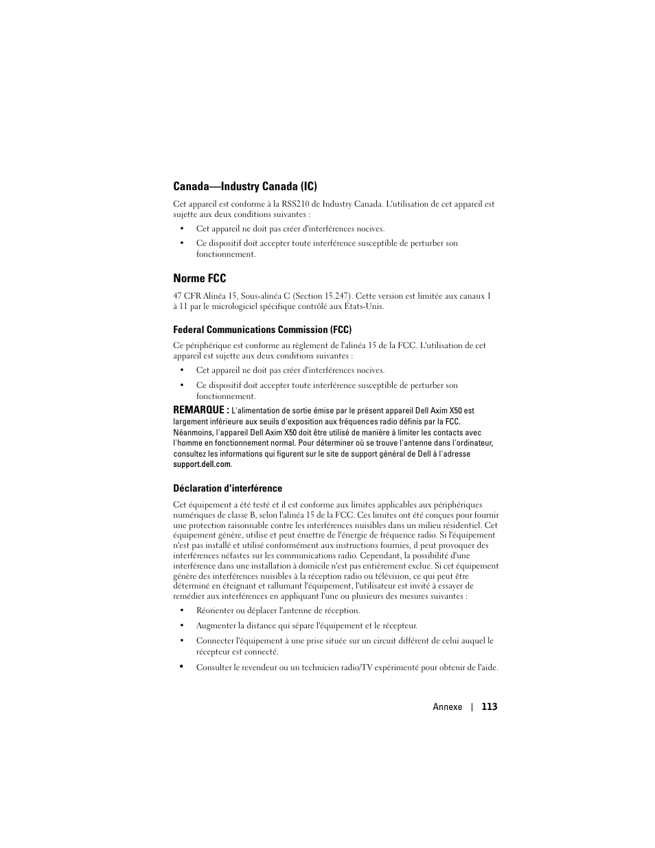 Canada-industry canada (ic), Norme fcc, Canada—industry canada (ic) | Dell Axim X50 Manuel d'utilisation | Page 113 / 154