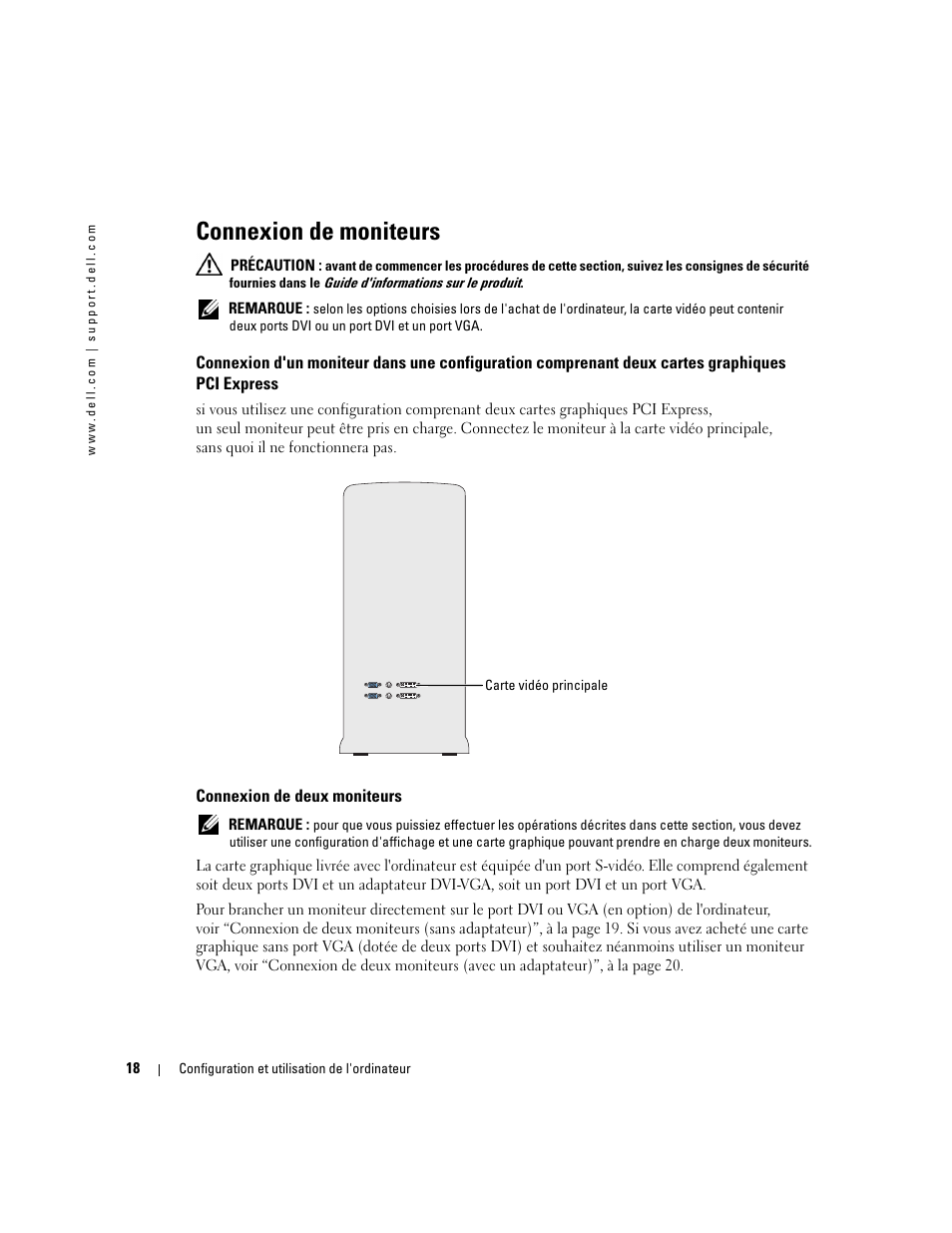 Connexion de moniteurs, Connexion de deux moniteurs | Dell XPS 600 Manuel d'utilisation | Page 18 / 172