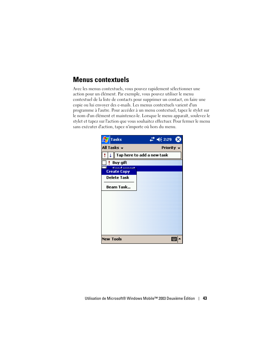 Menus contextuels | Dell AXIM X30 Manuel d'utilisation | Page 43 / 150