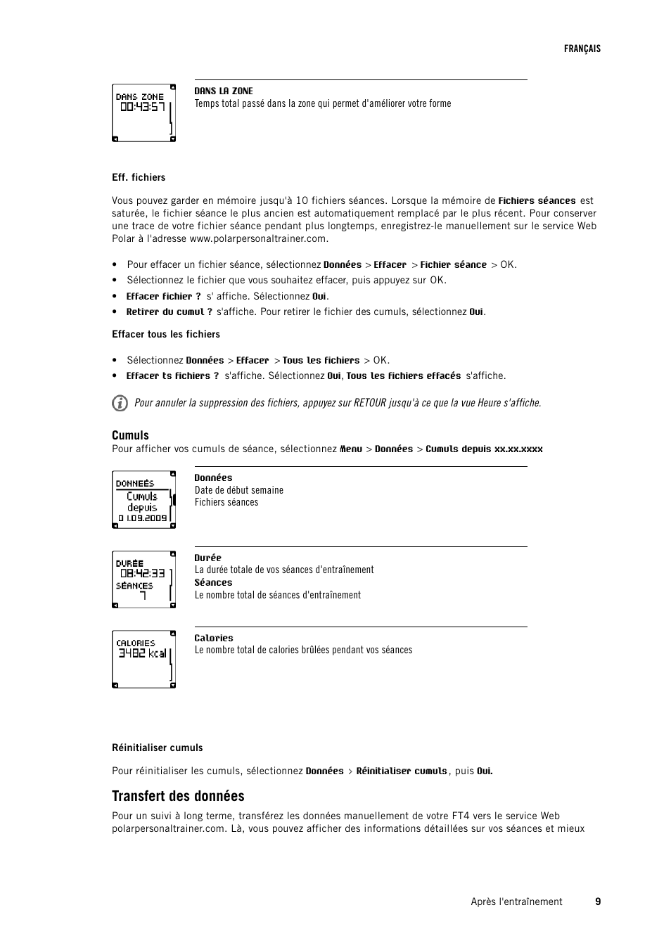 Cumuls, Transfert des données | POLAR FT4 Manuel d'utilisation | Page 9 / 18