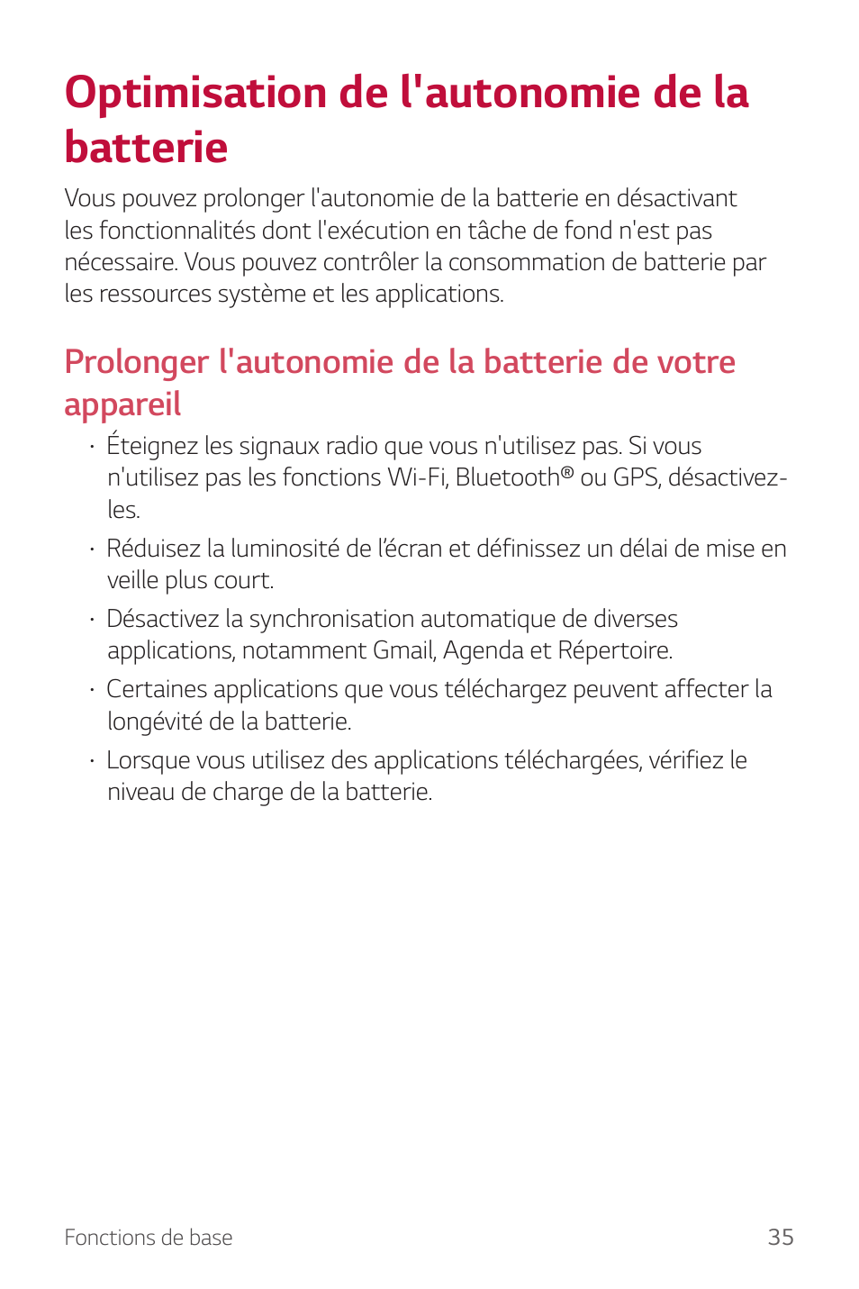 Optimisation de l'autonomie de la batterie | LG Stylus 2 LG-K520 Manuel d'utilisation | Page 36 / 129