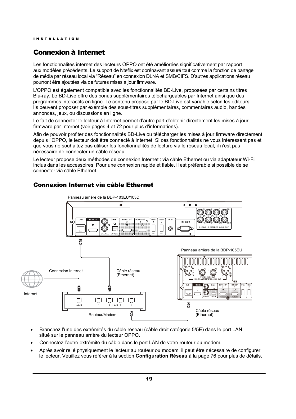 Connexion à internet, Connexion internet via câble ethernet | Oppo BDP-103D Manuel d'utilisation | Page 23 / 94