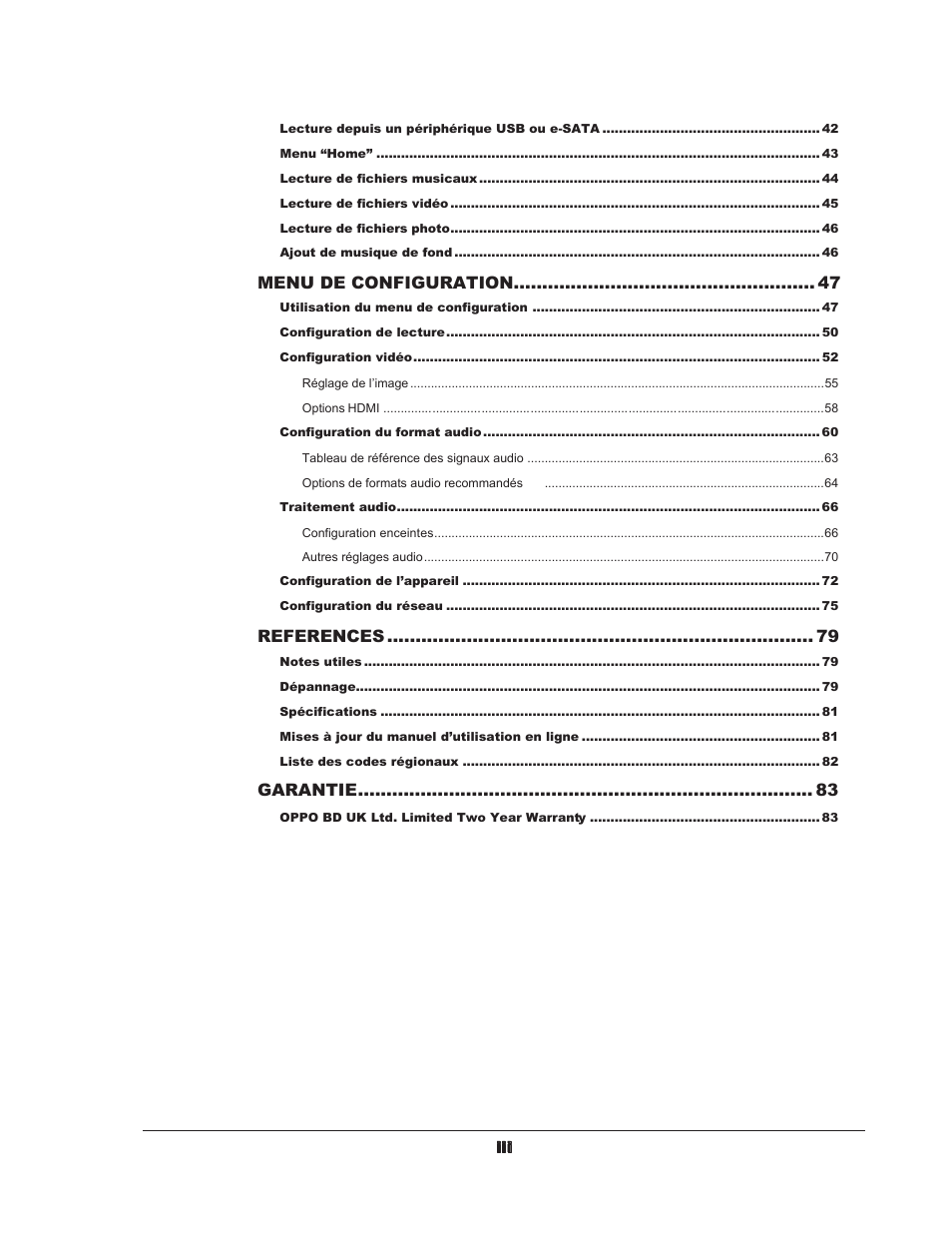 Menu de configuration, References, Garantie | Oppo BDP-93EU Manuel d'utilisation | Page 5 / 92