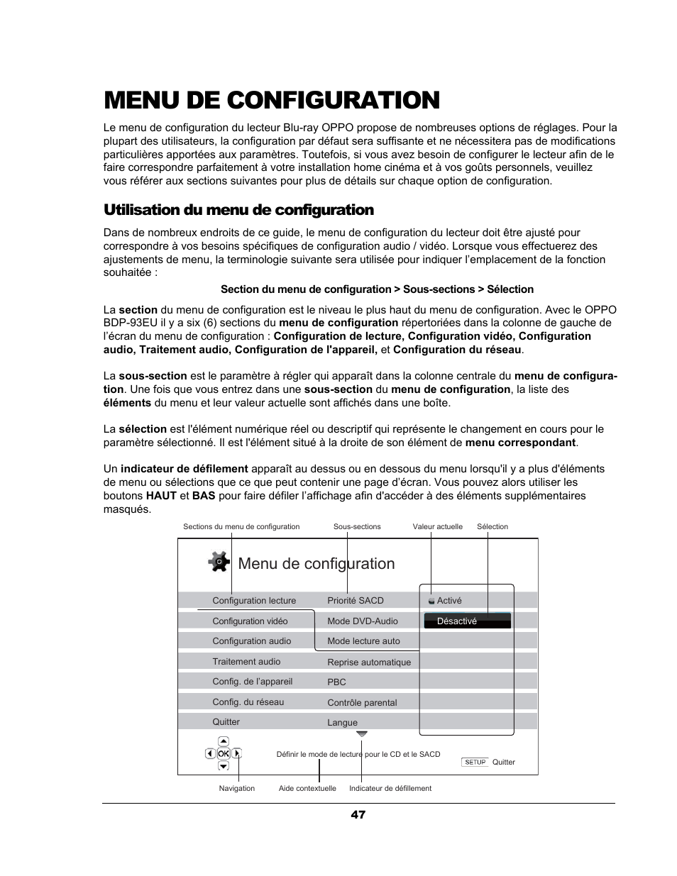 Menu de configuration, Utilisation du menu de configuration | Oppo BDP-93EU Manuel d'utilisation | Page 53 / 92