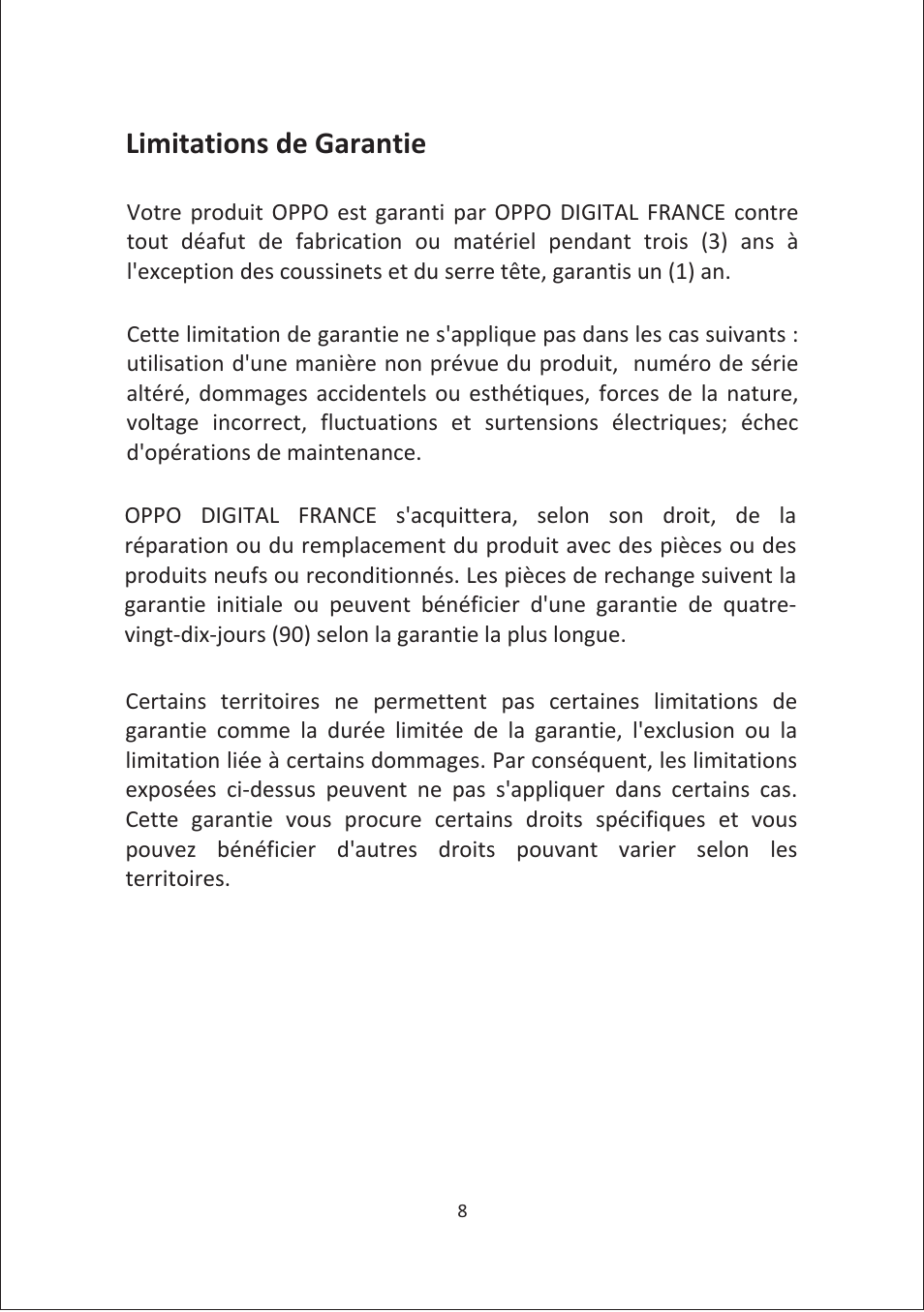 Limitations de garantie | Oppo PM-1 Manuel d'utilisation | Page 10 / 11