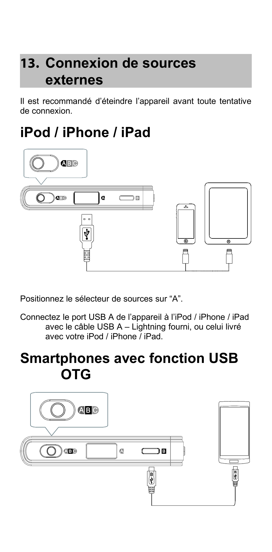 Connexion de sources externes, Ipod / iphone / ipad, Smartphones avec fonction usb otg | Oppo HA-2 Manuel d'utilisation | Page 15 / 28