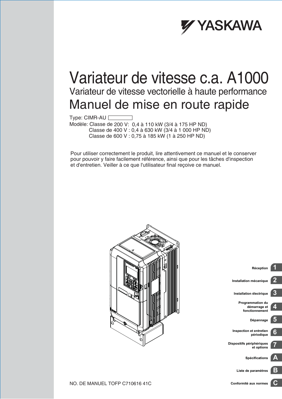 Yaskawa A1000 CIMR-AU Manuel d'utilisation | Pages: 276