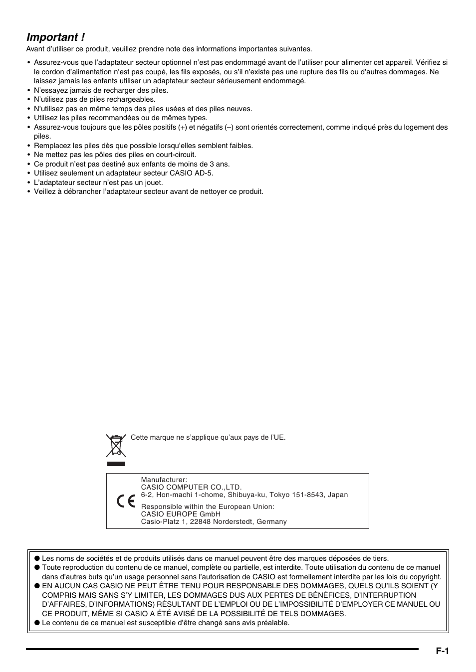 Important | Casio WK-210 Manuel d'utilisation | Page 2 / 74