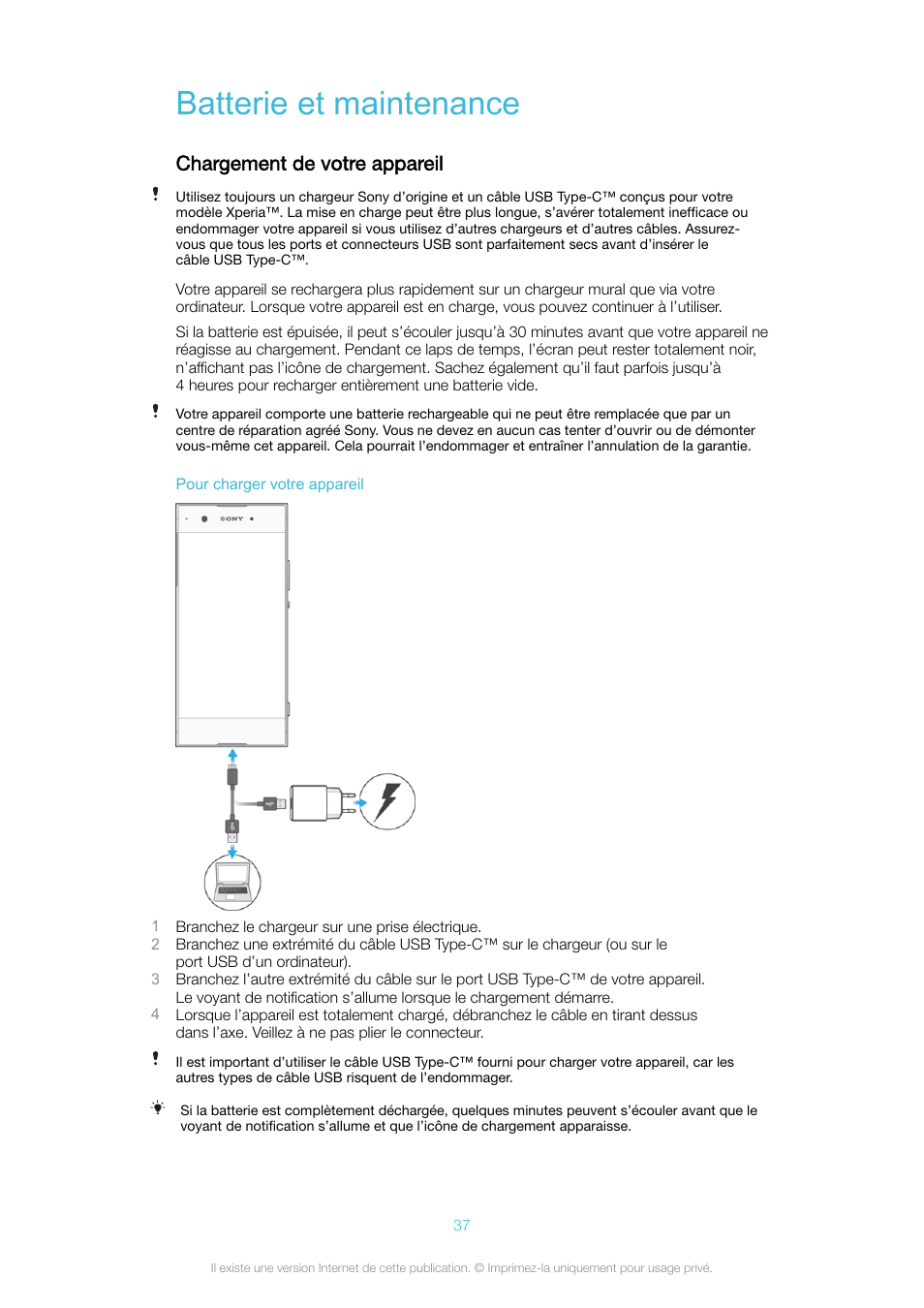 Batterie et maintenance, Chargement de votre appareil | Sony Xperia XA1 Manuel d'utilisation | Page 37 / 139
