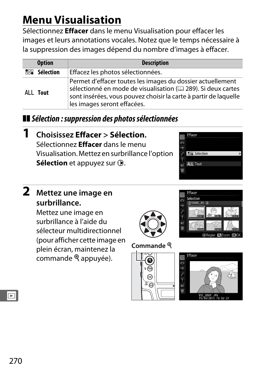 Menu visualisation, Sélection : suppression des photos sélectionnées | Nikon D5 Manuel d'utilisation | Page 292 / 424