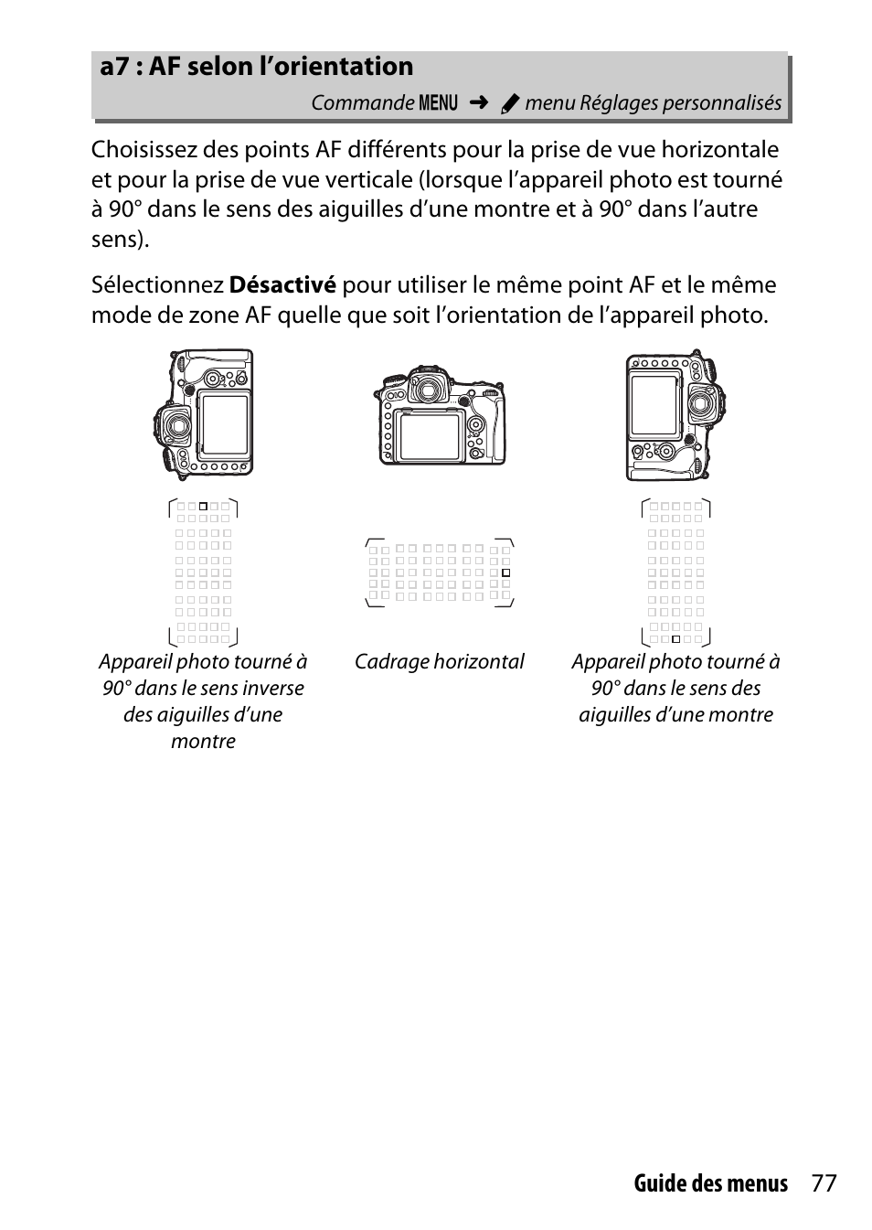 A7 : af selon l’orientation, 77 guide des menus | Nikon D500 Manuel d'utilisation | Page 77 / 207