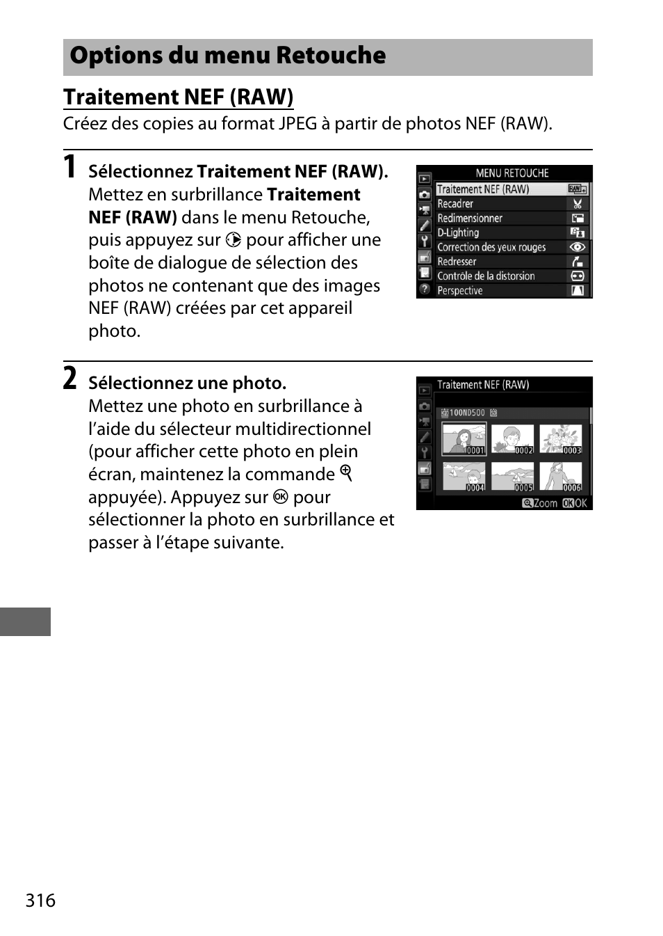 Options du menu retouche, Traitement nef (raw) | Nikon D500 Manuel d'utilisation | Page 342 / 432