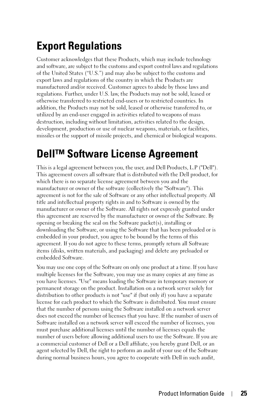 Export regulations, Dell™ software license agreement | Dell XXX Manuel d'utilisation | Page 25 / 94